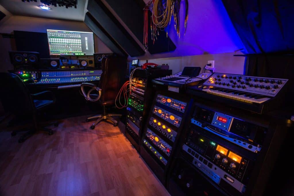 Recording studio mix room with complete suite of engineering, mixing, and mastering software and hardware